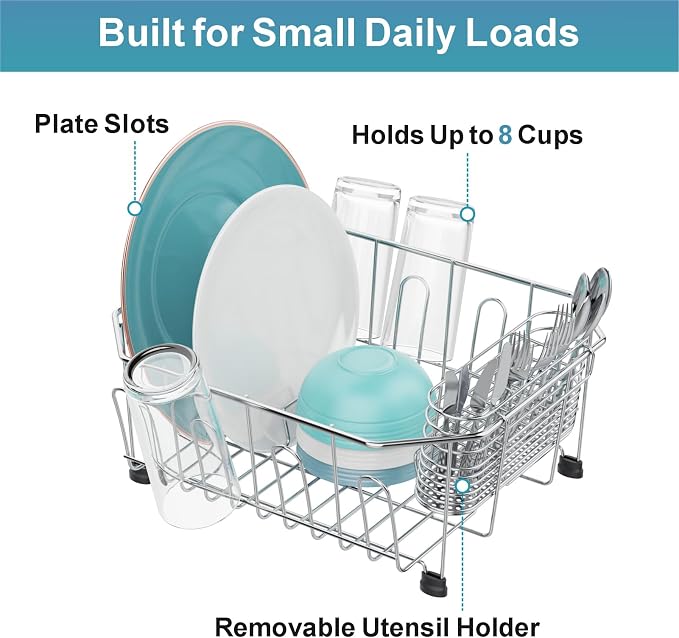 Small in Sink Dish Drying Rack - Stainless Steel for RV Kitchen | Compact Design for Apartments, Angled Corners Fit Square & Round Sinks, Utensil Holder, Cup Hooks, 1-2 Person, 11.6" x 13.4"
