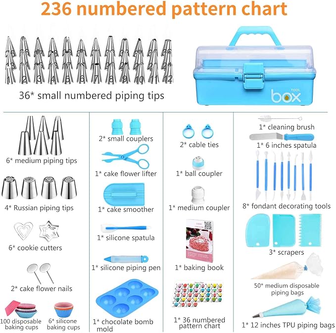 Cake Decorating Tools Supplies Kit: 236pcs Baking Accessories with Storage Case - Piping Bags and Icing Tips Set - Cupcake Cookie Frosting Fondant Bakery Set for Adults Beginners or Professional, Blue
