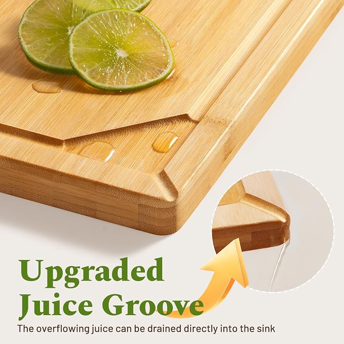 Kikcoin 3+1 Piece Self-Draining Bamboo Cutting Boards, Wooden Cutting Boards for Charcuterie, Vegetables, Cheese, Bread, Extra Large Chopping Boards with Deep Juice Groove and Handle, Natural