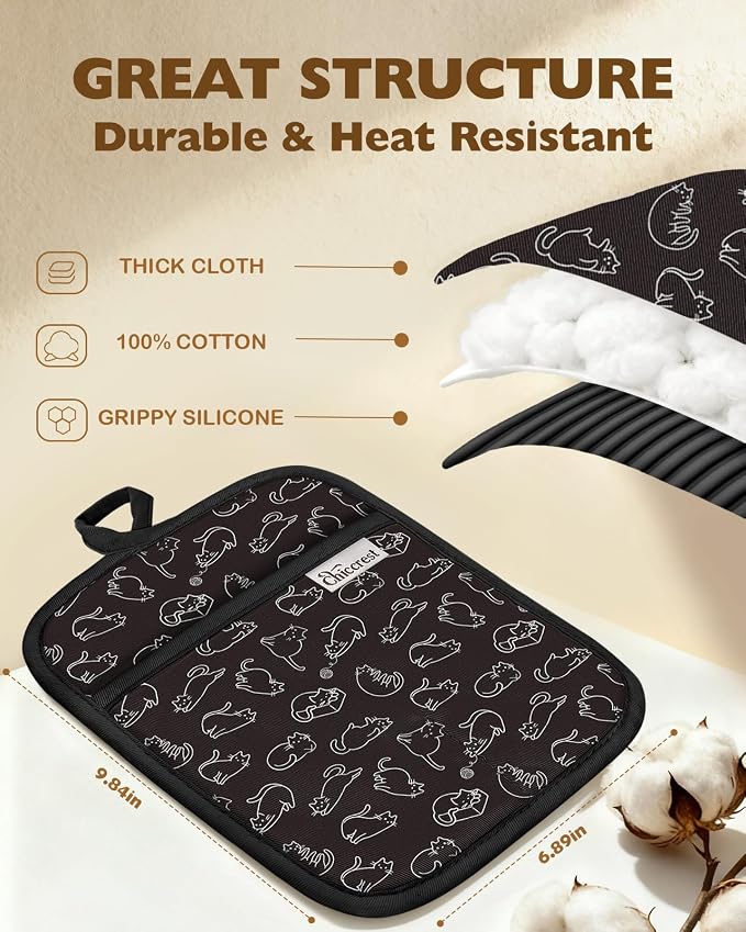 100% Thick Cotton Pot Holders Ribbed Soft Silicone Cute Cats | Stylish Pot Holders with Pockets, Ribbed Soft Silicone, Machine Washable Non-Slip Heat Resistant Hot Pads 2pcs, Kitchen Gift