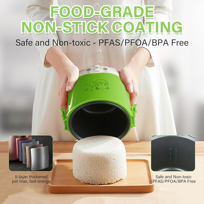 OSBA 12V Rice Cooker for Car 1L Mini Rice Cooker with Steamer, Green | 2Cup Portable Travel Rice Cooker for 1-2 People, Cooking Heating & Auto Keeping Warm Function, Used as an Electric Lunch Box