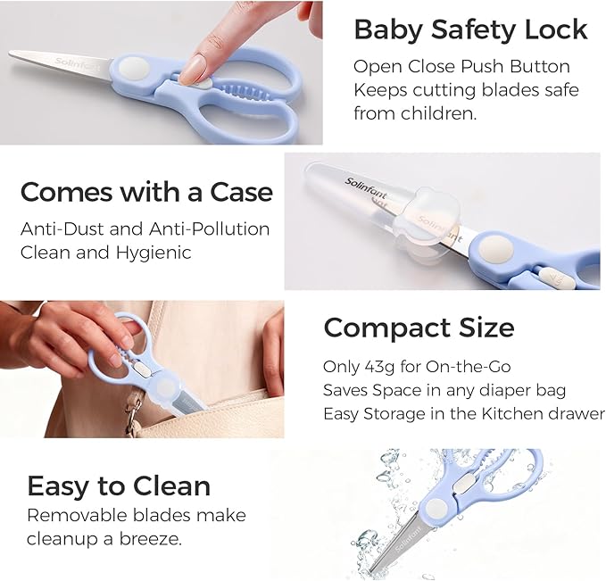Premium Stainless Steel Portable Baby Food Safety Scissors, Detachable Feeding Shears for Toddlers Infant Kids Food Cutting Meats Noodles Vegetables with Protactive Cover