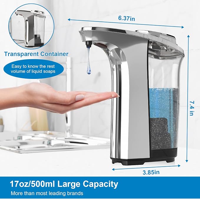 Automatic Soap Dispenser, 17oz Touchless Liquid Dish Soap Dispenser Kitchen | 500ml, Infrared Sensor, 5 Adjustable Soap Levels, Hand Dispenser for Bathroom Kitchen Sink, Battery Operated