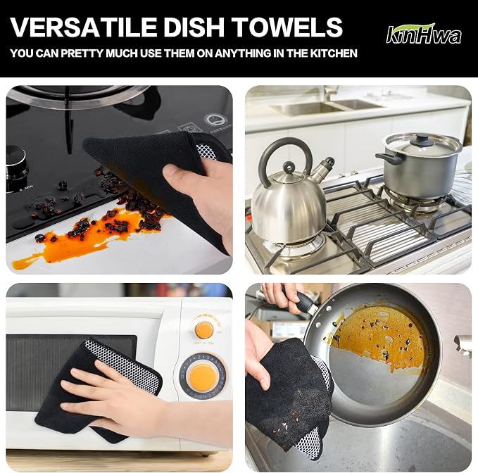 Dish Cloths for Washing Dishes with Scrub Side, Microfiber Dish Rags | Dual-sided microfiber dish cloths with scrubber for stuck-on food, quick dry kitchen washcloths 9 Pack, 12" x 12 Inch Black