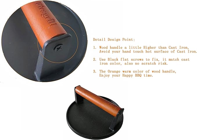 Firsgrill Burger Press 7.08" Round,Heavy-Duty Cast Iron Smash Burger Press Meat Steak With Wood Handle for Blackstone Camp chef Pitboss Weber Griddle Grills(Round) | Heavy Duty Good for Blackstone Camp chef Pitboss Weber Griddle