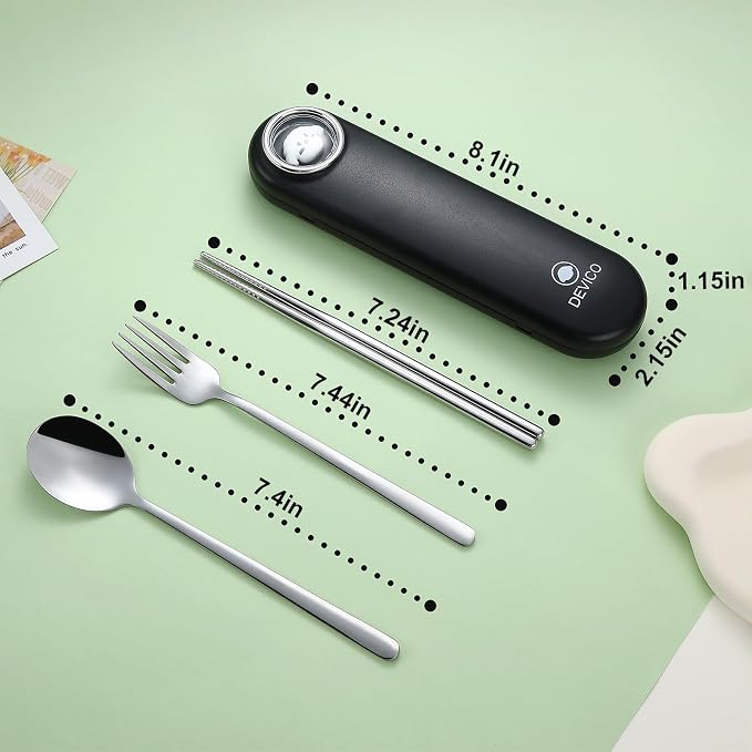DEVICO Travel Utensils with Case Cute, Reusable Silverware for Lunch, 4Pcs Portable Cutlery Set, 18/8 Stainless Steel Fork Spoon Chopsticks in Cartoon Case, Dishwasher Safe (Black)