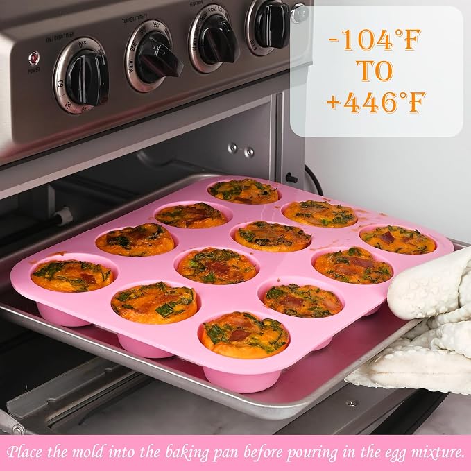 2 Pack Silicone Muffin Pan, Nonsticks 12 Cups Standard Cupcake Pans, Silicone Molds for Baking Muffin, Egg Bite, Cupcakes, Tart and Quiche (Pink & Green)