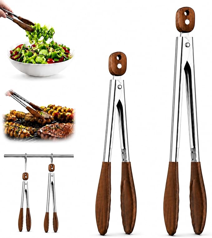 Walnut Wooden Tongs for Cooking - Salad Tongs for Serving Food(12"+15") Stainless Steel Kitchen Tongs for BBQ Grill, Wood Tongs Set