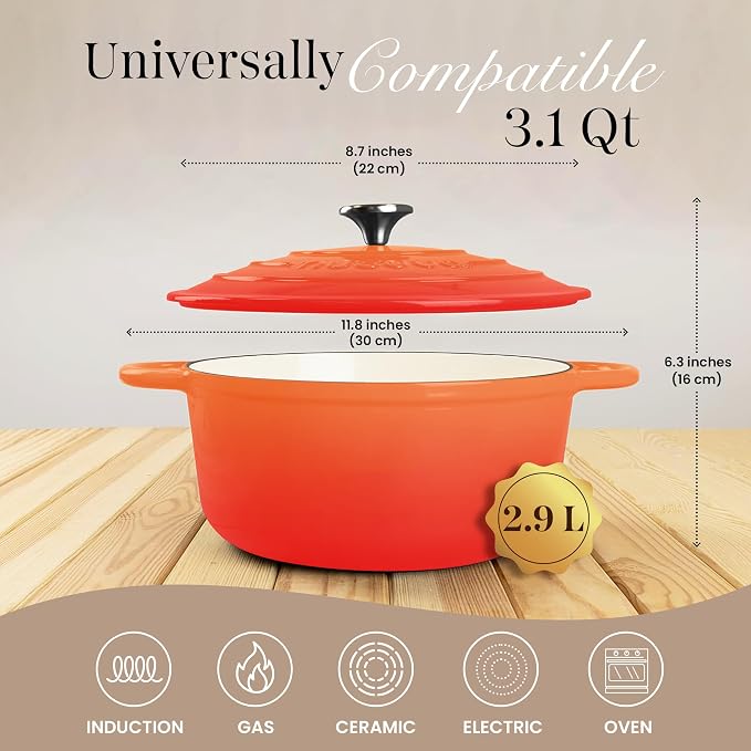 Cast Iron Dutch Oven with Lid-Non-Stick Ovenproof Enamelled Casserole Pot- Sturdy Dutch Oven Cookware - Orange, 3.1- Quart, 22cm- by Nuovva