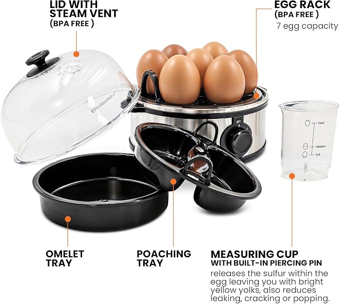 Elite Gourmet EGC724SS Egg Boiler Cooker, 7-Egg Poacher/Omelet Maker, Steel | Cooks soft, medium, or hard-boiled eggs, also scrambles - auto shut-off with buzzer - measuring cup included - BPA-free