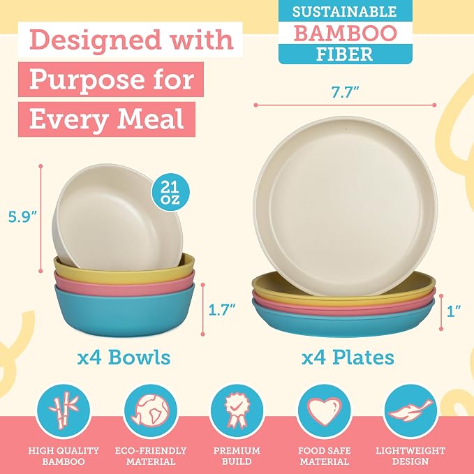 Grow Forward Bamboo Kids Plates and Bowls Sets - 8-Piece Dishwasher Safe Non Toxic Plates for Kids - Reusable Eco Friendly BPA Free Dishes Dinnerware Sets for Children - Paradise