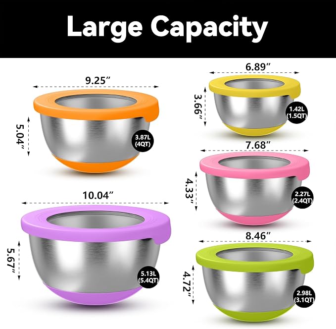 KITEISCAT Stainless Steel Mixing Bowls with Lids – Set of 5 Large Nesting Metal Bowls for Kitchen, Baking, Cooking, Food Prep & Storage, Non-Slip Base, Dishwasher Safe, Multicolor