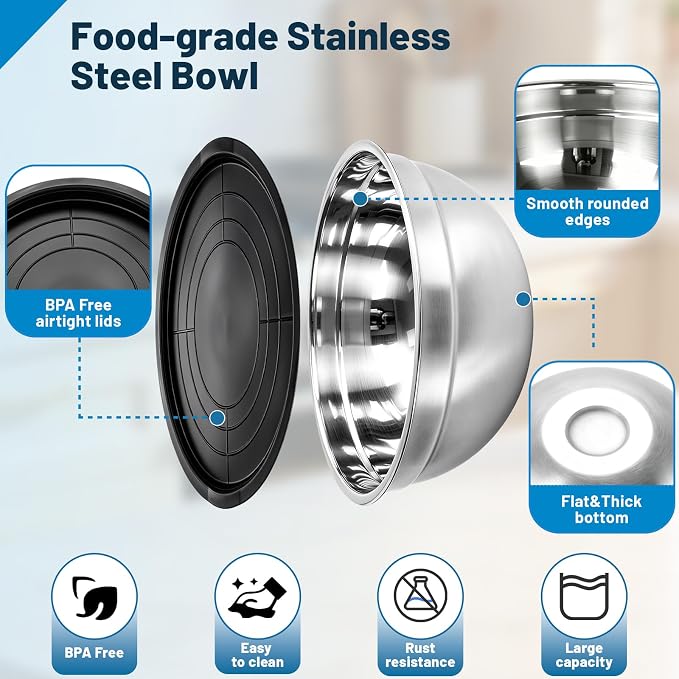 Stainless Steel Mixing Bowls with Lid and Colander Set | Size 6.3, 4.3, 3.6, 2.9QT,9Pcs Multipurpose Kitchen Metal Bowls with Grater,Colander,Egg Whisk,Separator for Baking Serving
