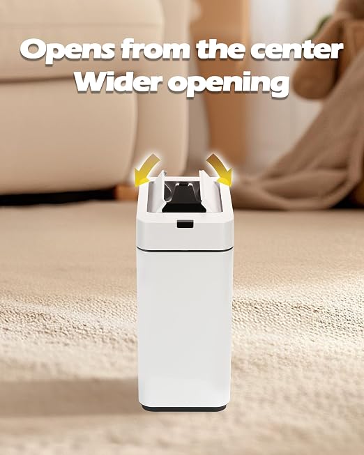 ELPHECO Slim Bathroom Trash Can with Lid 2.6 Gallon Smart Trash Can White | Motion Sensor Butterfly Lid Garbage Can Automatic Stainless Steel Wastebasket Bathroom Decor for Bedroom Office Toilet