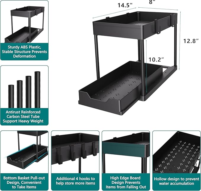 Under Sink Organizer 2 Pack,2 Tier Slide Out Storage for Kitchen Bathroom | Multi-purpose Under Cabinet Storage Rack Fit Kitchen Sink, Bathroom Vanity, Easy Assembly