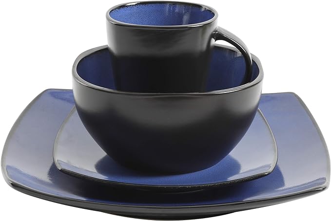 Gibson Elite Soho Lounge Square Reactive Glaze Stoneware Dinnerware Set, Service for 4 (16pc), Sapphire