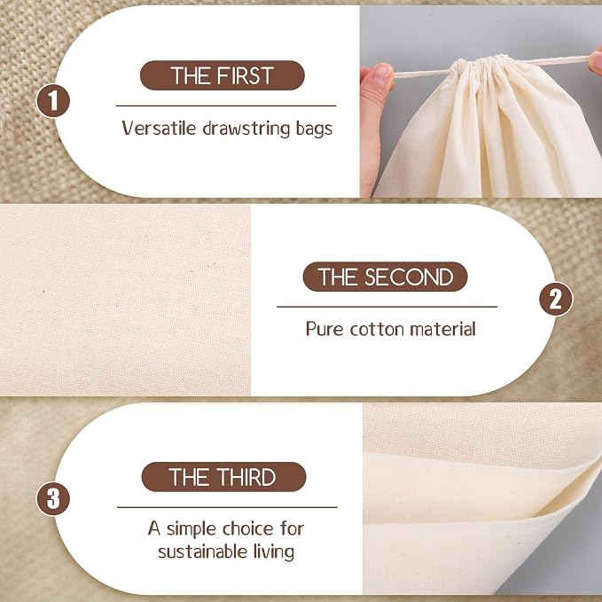 10PCS Pure Cotton Storage Bags with Drawstring, X-Large 14x17'', Natural Vegetable Storage Bag, Reusable Muslin Bulk Flour Sack Bag, Washable Food Safe, for Bread Grocery Produce Shopping DIY Tie Dye