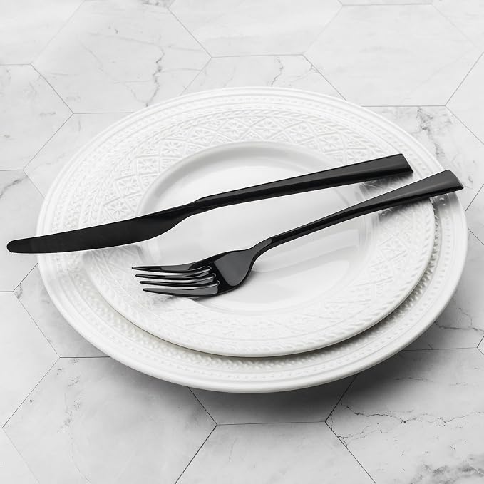 Alata Bailey Black 20-Piece Forged Stainless Steel Flatware Set Cutlery Set, Service for 4, Silver Finish, Dishwasher Safe