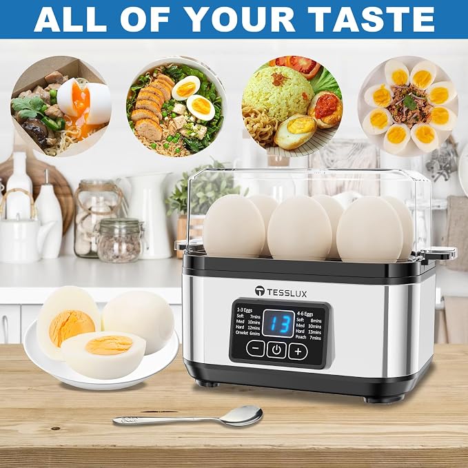 Tesslux Electric Egg Cooker, 6-Egg Boiler for Hard, Soft, Poached, Silver | LED Countdown Timer, Touch Control, Poaching Bowl, Omelet Maker, Stainless Steel, Auto Shut-Off, Buzzer Alert, Compact