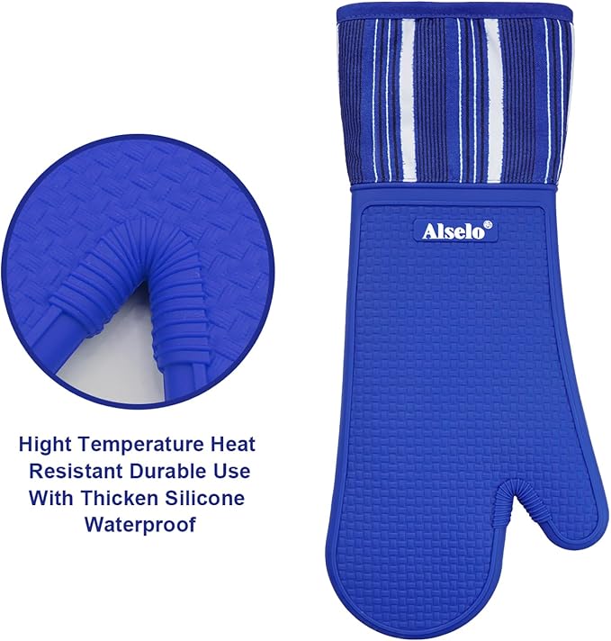 Alselo Silicone Oven Mitts Set, Heat Resistant 550 Degree,7.5"x16" | Extra Long Kitchen Mittens,Waterproof & Non-Silp Oven gloves for Baking Cooking Barbecue Microwave (Extra Long Navy, 2)