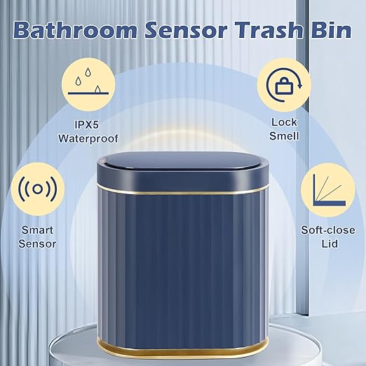 ELPHECO 2 Gallon Sensor Trash Can, Automatic Lid, Midnight Blue Gold | IPX5 Waterproof Bathroom Trash Bin, Slim Garbage Can, Plastic Wastebasket for Office, Bedroom and Kitchen