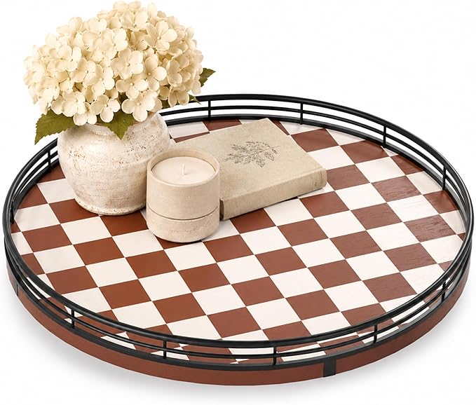 AMH 12-Inch Brown Checkerboard Lazy Susan with Black Metal Rail | Smooth rotating oak tray with walnut finish for dining tables, kitchen counters, pantries and cabinet storage.