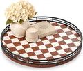 AMH 12-Inch Brown Checkerboard Lazy Susan with Black Metal Rail | Smooth rotating oak tray with walnut finish for dining tables, kitchen counters, pantries and cabinet storage.