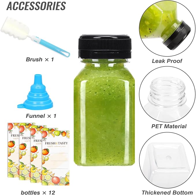 12pcs 4oz Plastic Juice Bottles with Caps, Sticker Labels, Brush | Empty Reusable Clear Ginger Shots Bottles with Lids, Label, Funnel, and Brush Beverage for Juicing, Smoothies, Drinking