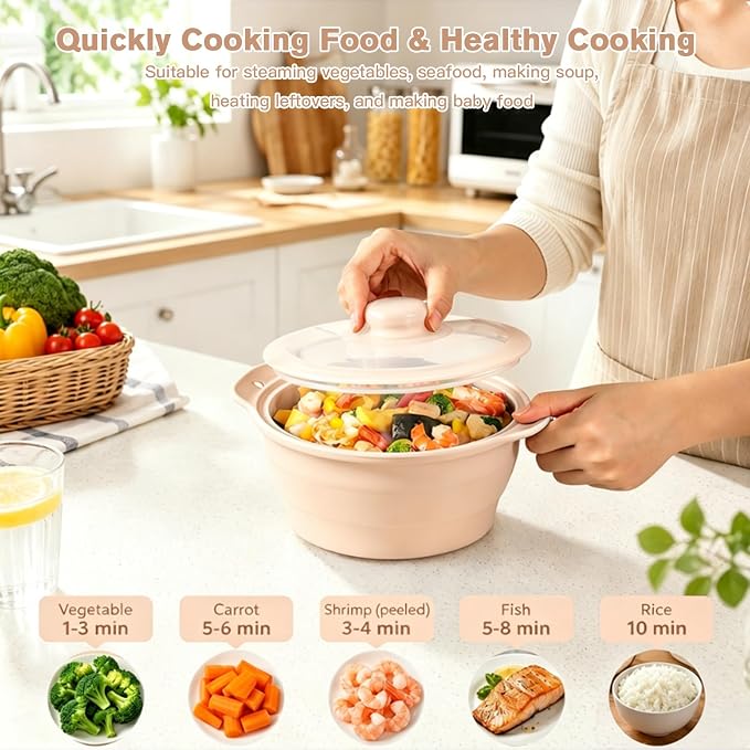 42oz Silicone Microwave Food Steamer with Steam Basket, Collapsible Steamer for Cooking Vegetable, Seafood, Dumplings, Rice Cooker, BPA Free Small Steam Pot with Handle & Lid, Dishwasher Safe (Pink)