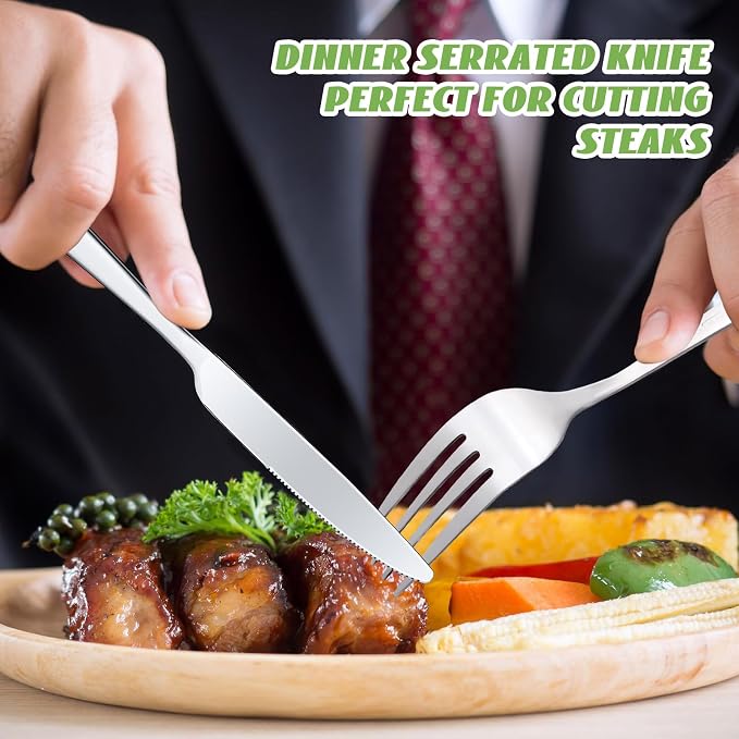 Nuenen 150 Pcs Stainless Steel Set 75 Dinner Forks and 75 Knives, Metal Steak Knives Forks Flatware Tableware Cutlery Set for Home Restaurant(Silver,8.4 x 0.7 Inch,7.1 x 1 Inches)