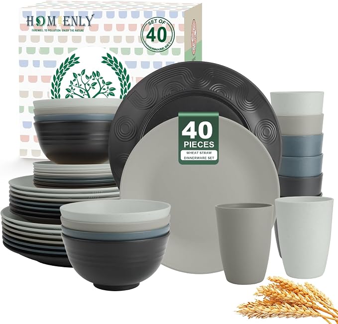 Premium 40 PCS Wheat Straw Dinnerware Set - Dinner Plates, Cereal Bowls, Unbreakable Cups Set, Microwave and Dishwasher Safe Dishes Set, Reusable Lightweight Dish Sets for Kitchen(Black Grey)