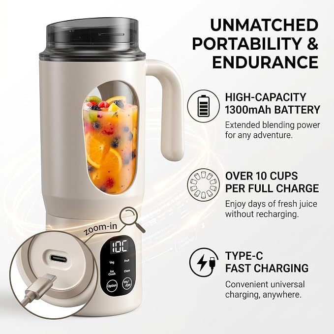 Portable Blender 20oz Personal Electric Juicer Cup with 12 Blades Auto Cleaning，Rechargeable Travel Blender for Smoothies, Shakes, Salsa, Ice Crushing & Frozen Drinks,with Lid for Direct Drinking