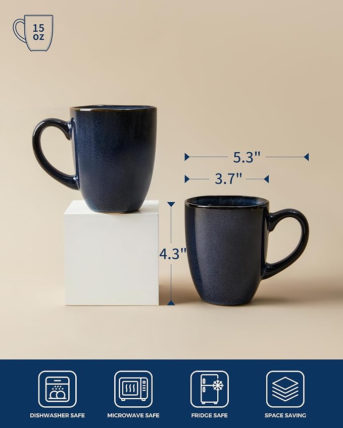 Pokini Coffee Mug 15 oz, Ceramic Coffee Mugs Set of 4, Reactive Glaze Mug for Latte/Tea/Cappuccino/Cocoa, Irregular Stackable Mug Set for Men, Women, Dad, Mom, Dishwasher & Microwave Safe, Starry Blue