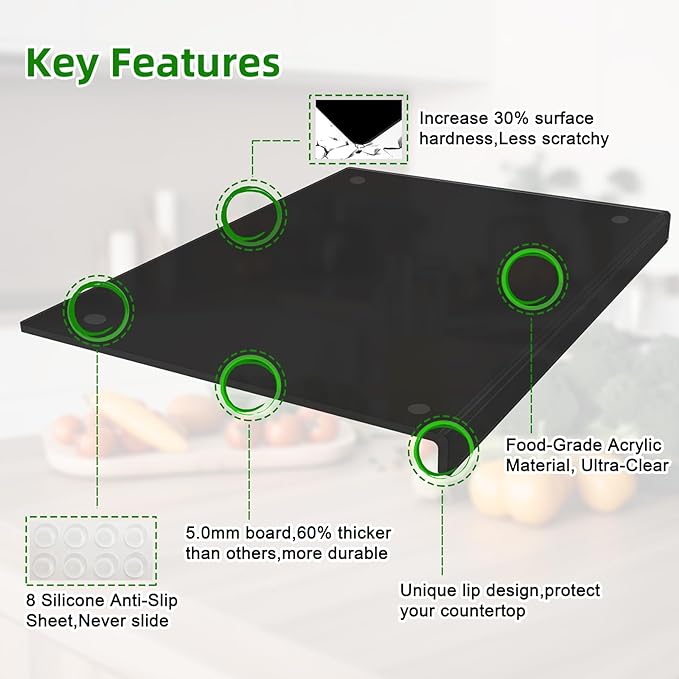 SWSKR 1 PCS Black Clear Acrylic Cutting Board with Counter Lip | BPA-free food-safe acrylic, 60% thicker, durable, easy to clean, protects countertops, home & pro kitchen(17.5''*13.5'')