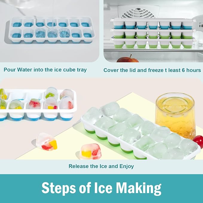Ice Cube Trays for Freezer – 5 Pack 70 Cubes Total, Reinforced Snap Lids That Stay Closed, Silicone Push-Release Bottom, BPA-Free, Stackable & Spill-Proof – Perfect for Parties, Home Bar & Daily Use