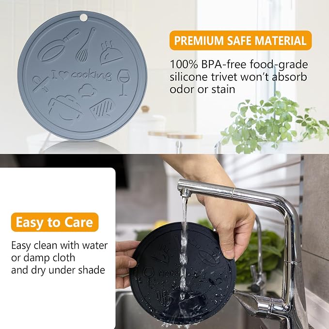Silicone Trivet Mats - 3 Heat Resistant Pot Holders, Non-Slip Hot Pads for Kitchen, Food Grade Silicone, BPA Free, Easy to Wash (Black Gray)
