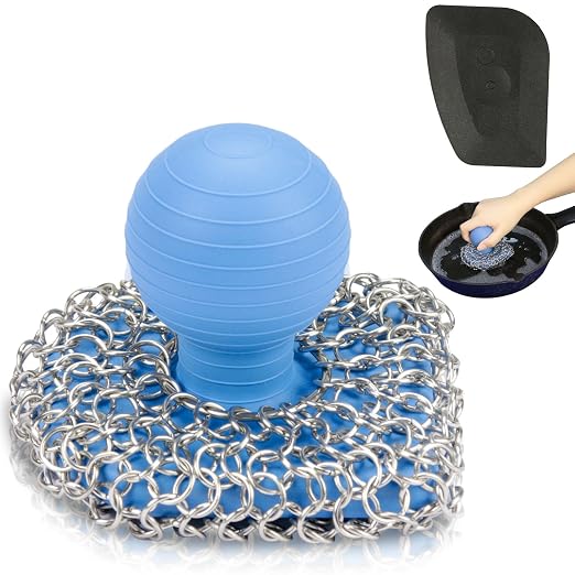 Cast Iron Scrubber with Pan Scraper, 316 Chainmail Scrubber, Blue | Upgraded Chain Mail Scrubber Sponge, Cast Iron Cleaner for Pan Skillet Wok Carbon Steel, Dutch Oven Metal Brush Cleaning Kit