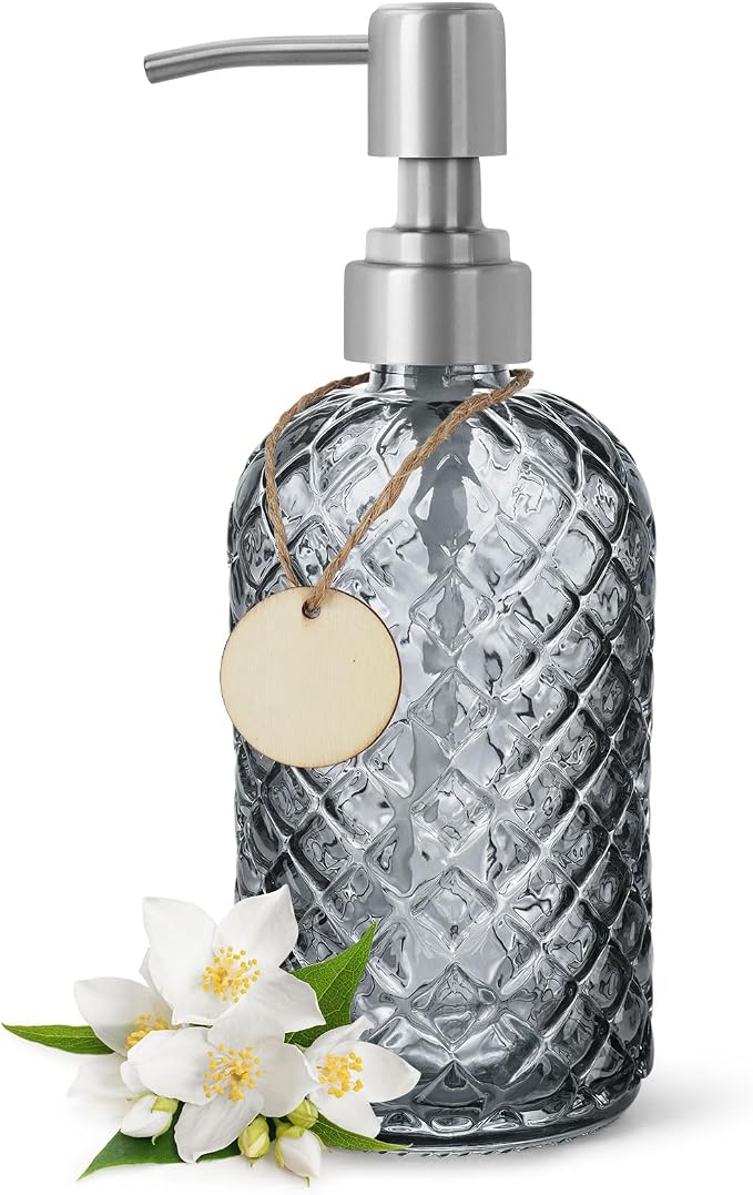 Gem-Patterned Glass Soap Dispenser with Rust Proof Stainless Steel Pump-13 oz Liquid Hand Soap Dispenser for Kitchen & Bathroom,Great for Lotions, Essential Oil, Liquid Soaps-Gray