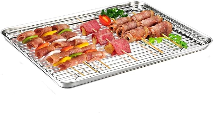 TeamFar Baking Sheet with Cooling Rack Set, 16 x 12 x 1 inch | Stainless Steel Quarter Sheet Pan Tray Cookie Sheet with Baking Rack, Non Toxic & Healthy, Mirror Finish & Dishwasher Safe