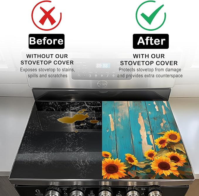 Nuxovilar Wood Sunflower Stove Cover Diatom Mud 28.35x20.47 In | Glass Protector Countertop Mat Counter Saver Cooktop Cover Kitchen Cooking Area Home Decor (Rustic Blue Wood)