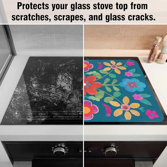Boho Glass Stove Top Cover for Electric Stoves,Flower Floral Farmhouse Stove Top Cover for Kitchen Decor,Heat Resistant Cooktop Protector Mat,Non-Slip Washable Dish Drying Mat 28"x20"