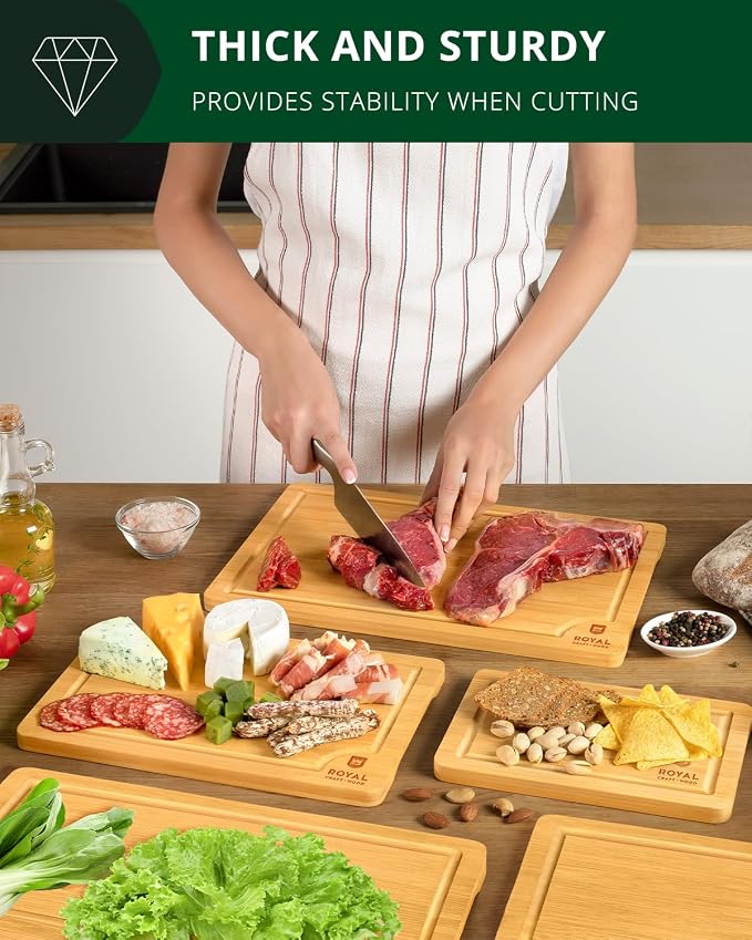 ROYAL CRAFT WOOD Wooden Cutting Boards for Kitchen Meal Prep & Serving - Bamboo Wood Serving Board Set with Deep Juice Groove Side Handles - Charcuterie & Chopping Butcher Block for Meat