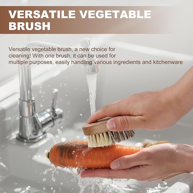 DEBETOOL 2-Pack Dual Bristle Wooden Vegetable Brush Scrubber for Food | Natural Produce & Potato Scrubber with Hanging Rope for Root Veggies, Carrots & Fruits