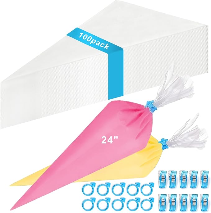100Pcs Large Piping Bags,24 Inch Big Disposable Pastry Bags with Ties&Clips | Piping Bags,Cake Decorating Bags for Decorating Cupcakes Cakes Cookies