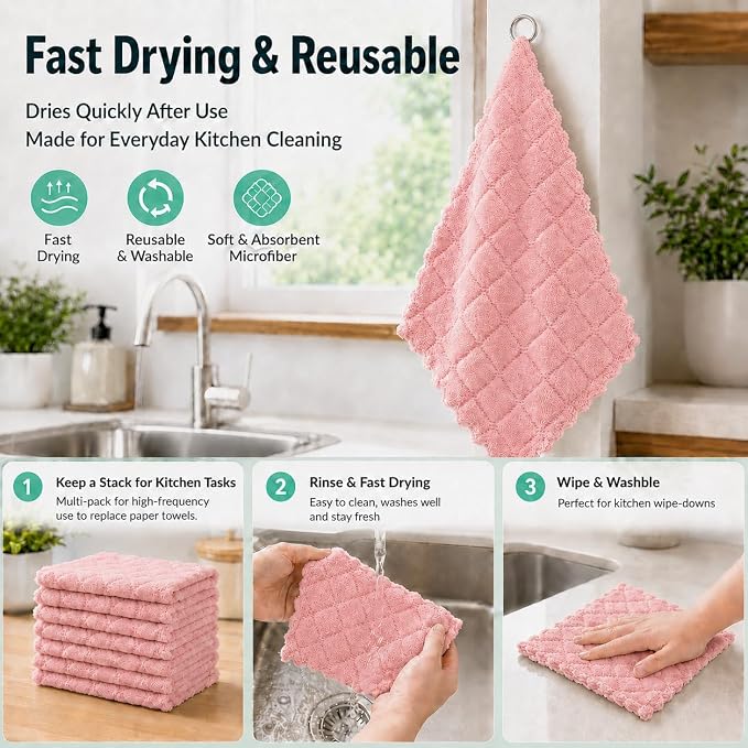 kimteny 12 Pack Dish Cloths for Washing Dishes | Super Absorbent Microfiber Kitchen Dish Rags, Fast Drying Coral Velvet Dish Cloths for Kitchen Counter and Dishes, Pink-Green