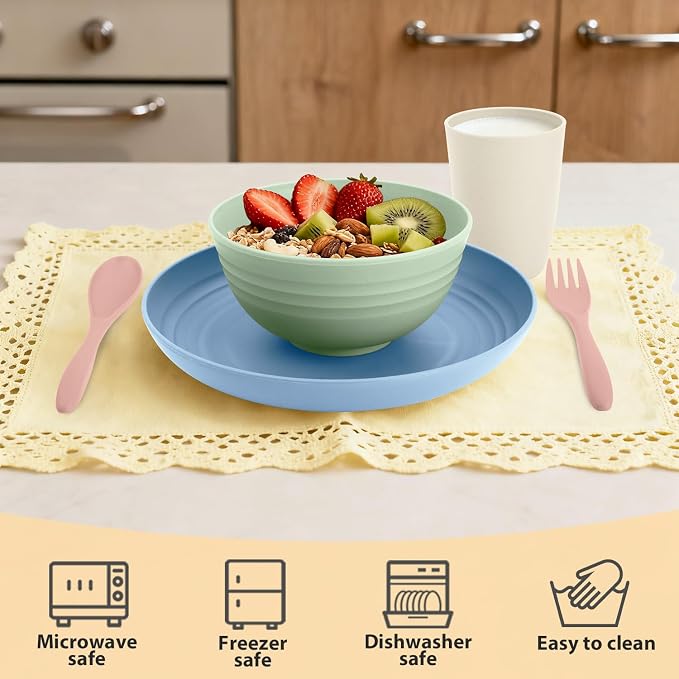 Wheat Straw Dinnerware Sets 20 PCS Service for 4, Unbreakable Kitchen Plates and Bowls Sets, Microwave Dishwasher Safe Dish Set, Outdoor Camping, RV, Apartment Essentials - Colorful