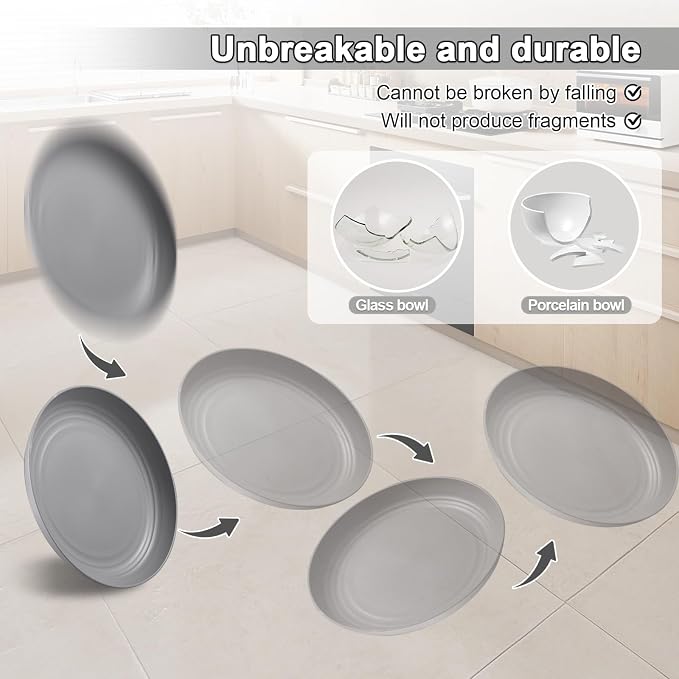 HEYCOME 12 Pcs Unbreakable Deep Dinner Plates Set, 10 inch Reusable Plastic Wheat Straw Plates, Microwave and Dishwasher Safe Plate for Kitchen, Lightweight Plate for Dessert, BPA Free, 4 Colors