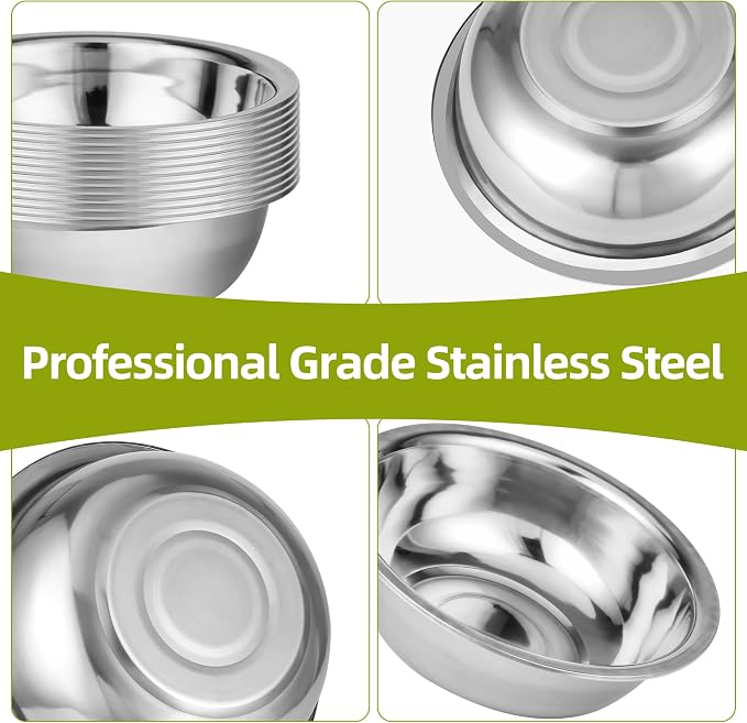 10 Pack 10.24 x 2.76 Inch Stainless Steel Mixing Bowls for Bulk Food Prep with Nesting Design for Hotel Restaurant and Home Kitchen Cooking in Silver