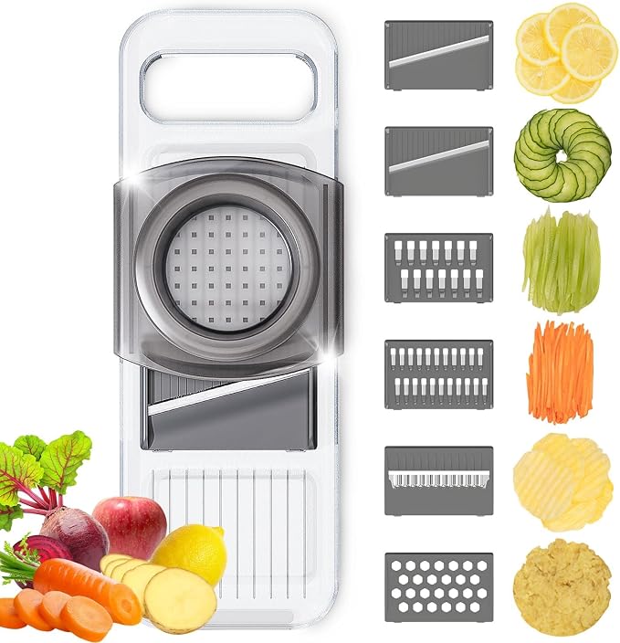 Multi-function 6 in 1 Mandoline Safe Vegetable Fruit Manual Slicer/Shredder Chopper Interchangeable Handheld Shining Transparent Exquisite Thickened Plastic Board Kitchen Prep Tool for Onion Garlic