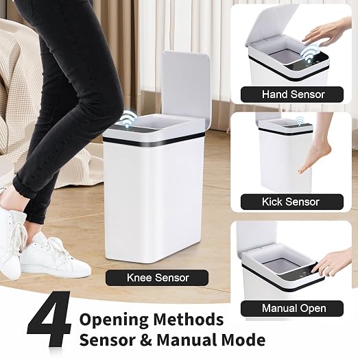 3 Pack Bathroom Trash Can with Lid, 2.5 Gallon Small Slim Trashcan, Automatic Trash Can Touchless, Motion Sensor Waterproof Plastic Trash Bin for Bedroom Kitchen Office Living Room (Black+Gray+White)